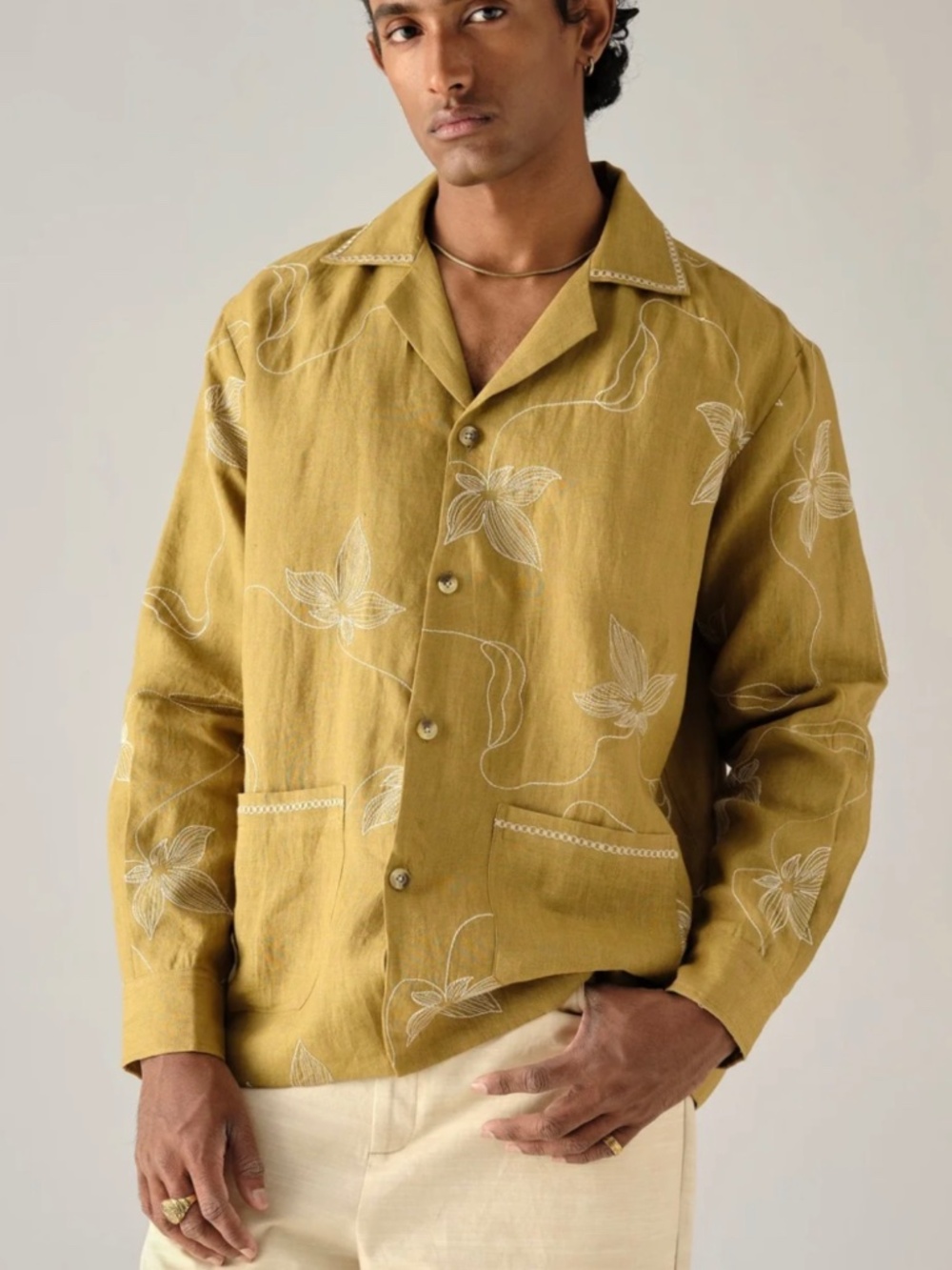 CORD STUDIO India 'Bloomer' Embroidered Linen Floral Jacket in Mustard - S - Picture 2 of 11